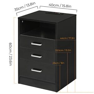 ADORNEVE Black Nightstand 3 Drawers with USB Port,Bedroom End Table Side Table Wooden Sofa Side Stand Cabinet,with Sliding Drawer & Open Storage