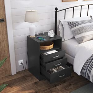 ADORNEVE Black Nightstand 3 Drawers with USB Port,Bedroom End Table Side Table Wooden Sofa Side Stand Cabinet,with Sliding Drawer & Open Storage