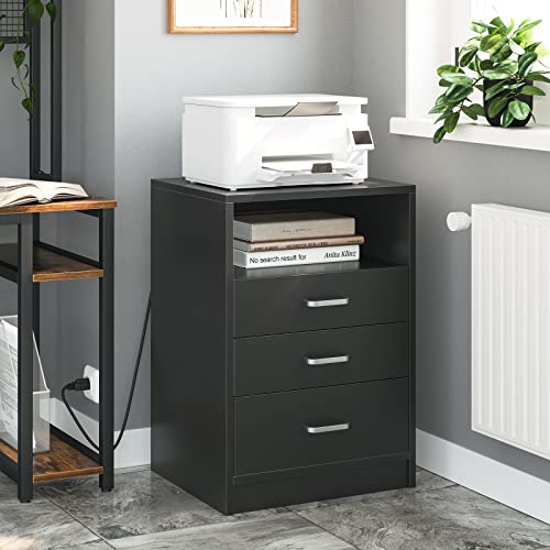 ADORNEVE Black Nightstand 3 Drawers with USB Port,Bedroom End Table Side Table Wooden Sofa Side Stand Cabinet,with Sliding Drawer & Open Storage