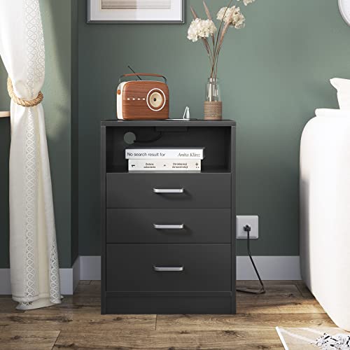 ADORNEVE Black Nightstand 3 Drawers with USB Port,Bedroom End Table Side Table Wooden Sofa Side Stand Cabinet,with Sliding Drawer & Open Storage