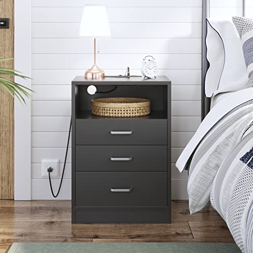 ADORNEVE Black Nightstand 3 Drawers with USB Port,Bedroom End Table Side Table Wooden Sofa Side Stand Cabinet,with Sliding Drawer & Open Storage