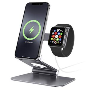 apiker phone stand designed for magsafe, 2-in-1 foldable adjustable aluminum desktop phone charging station for iphone 13/12 mini pro max, apple watch 7/6/5/4/3, charger not included (grey)