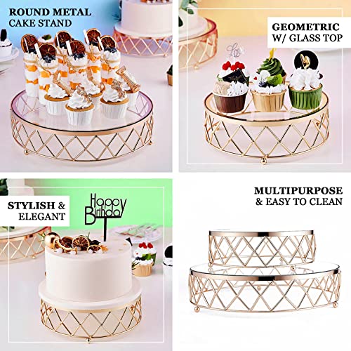 Efavormart 14" Round Metal Geometric Cake Stand Cake Riser with Glass Top Glossy Metallic Finish for Dessert Cupcake Pastry Candy Display Plate Event, Birthday Party