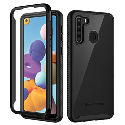 seacosmo Case for Samsung A21, Full Body Shockproof Cover [with Built-in Screen Protector] Slim Fit Bumper Protective Phone Case for Samsung Galaxy A21 - Black/Clear