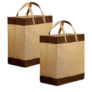 preferred nation kona jute tote (set of 2), burlap with leather handles, extra wide for grocery, shopping, beach, outting tote, eco friendly brown