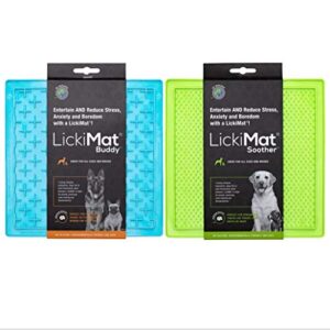 lickimat classic dog slow feeders, lick mat, boredom anxiety reduction; perfect for food, treats, yogurt, peanut butter. fun alternative to slow feed dog bowl! (green & turquoise, soother & buddy)