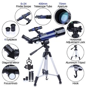 Telescopes for Astronomy Adults, 70mm Aperture 400mm Focal Length Refractor Telescope for Beginners Kids, Portable Telescope with Backpack Tripod Phone Adapter