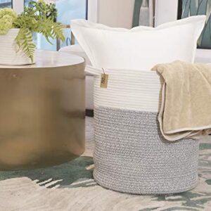 Laundry Basket 2pc by COMFY-HOMI Large Basket 18"X16" Tall Woven Cotton rope Basket with Handles Decorative Basket for Blankets Round Storage Basket for living room,Clothes,Pillows,Towels (White Grey)