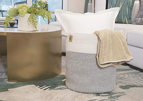 Laundry Basket 2pc by COMFY-HOMI Large Basket 18"X16" Tall Woven Cotton rope Basket with Handles Decorative Basket for Blankets Round Storage Basket for living room,Clothes,Pillows,Towels (White Grey)