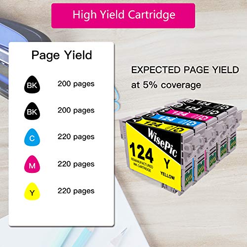 WisePic Remanufactured Ink Cartridge Replacement for Epson 124 T124 5-Pack to Use with Workforce 435 320 323 325 Stylus NX420 NX430 NX230 NX330 NX125 NX127 NX130 Printer (2BK 1C 1M 1Y)