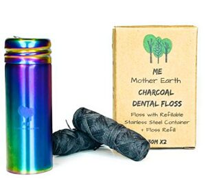 vegan biodegradable bamboo charcoal dental floss with refillable stainless steel rainbow container | extra floss refill | natural candelilla wax | 33yds x2 | peppermint | eco zero waste oral care