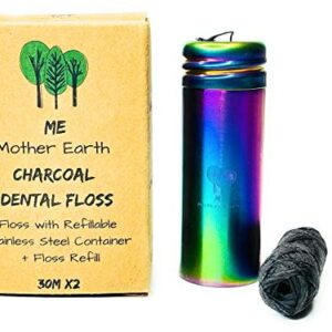 Vegan Biodegradable Bamboo Charcoal Dental Floss with Refillable Stainless Steel Rainbow Container | Extra Floss Refill | Natural Candelilla Wax | 33yds x2 | Peppermint | Eco Zero Waste Oral Care