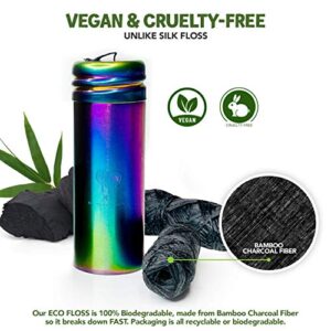 Vegan Biodegradable Bamboo Charcoal Dental Floss with Refillable Stainless Steel Rainbow Container | Extra Floss Refill | Natural Candelilla Wax | 33yds x2 | Peppermint | Eco Zero Waste Oral Care