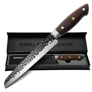 konoll bread knife,8-inch pro serrated bagle knife forged hammered germany high carbon steel cake slicing (8-inch thunder-k series)