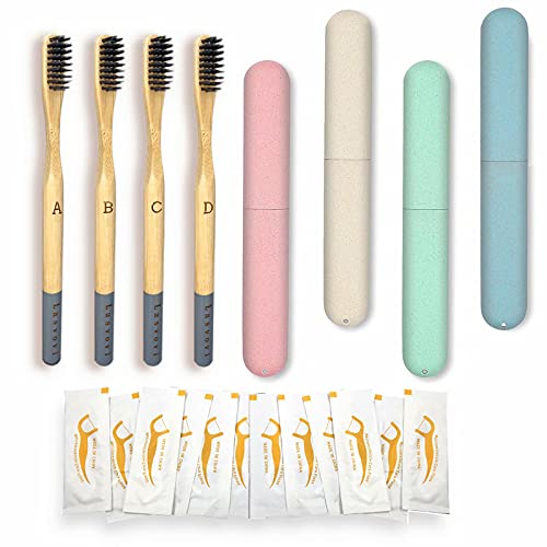 Travel Toothbrush Kit-Toothbrush Case 4 Pack with 4 Bamboo Toothbrush and 10 Dental Floss-Portable Toothbrush Holder for Travel/Camping/School/Home