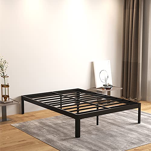 COMASACH Queen-Size Bed-Frame with Round Corner and Cylinder-Shaped Leg, 4000 lbs Heavy Duty Non Slip Metal Bed Frames No Box Spring Needed, 14 inch Noise Free Mattress Foundation, Black