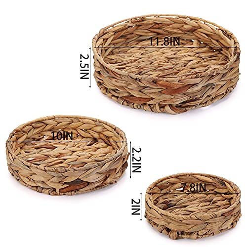 Cedilis 3 Pack Fruit Tray Weaving by Grass, Woven Serving Tray, Round Serving Basket, Decorative Tray Storage Bins for Serving Bread, Fruit, Vegetables, Snack, Tea, Parties Kitchen Organizer