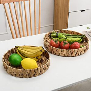 Cedilis 3 Pack Fruit Tray Weaving by Grass, Woven Serving Tray, Round Serving Basket, Decorative Tray Storage Bins for Serving Bread, Fruit, Vegetables, Snack, Tea, Parties Kitchen Organizer