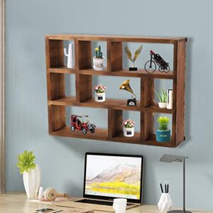 WUWEOT Shadow Box Display Shelf, 15" x 11.8" 9-Slot Rustic Floating Shelves, Wood Finish Wall Mountable/Freestanding Shelf for Wall Table or Desk