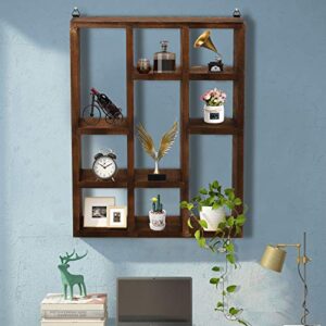 WUWEOT Shadow Box Display Shelf, 15" x 11.8" 9-Slot Rustic Floating Shelves, Wood Finish Wall Mountable/Freestanding Shelf for Wall Table or Desk