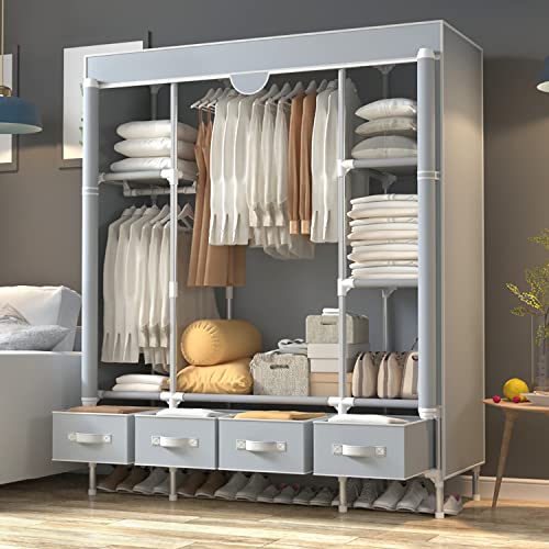 ASSICA Portable Clothes Closet Rolling Door Wardrobe with Hanging Rack Non-Woven Fabric Storage Organizer with Four Drawer Boxes No-Tool Assembly - 59.0 x 17.7 x 67.0 ‘’ (Gray)