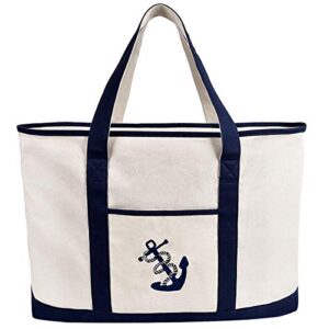 inone 25" extra large canvas tote bag heavy duty roomy zipper grocery shopping carry beach boat bag handbag with embroidered anchor - beige