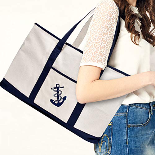 inOne 25" Extra Large Canvas Tote Bag Heavy Duty Roomy Zipper Grocery Shopping Carry Beach Boat Bag Handbag with Embroidered Anchor - Beige