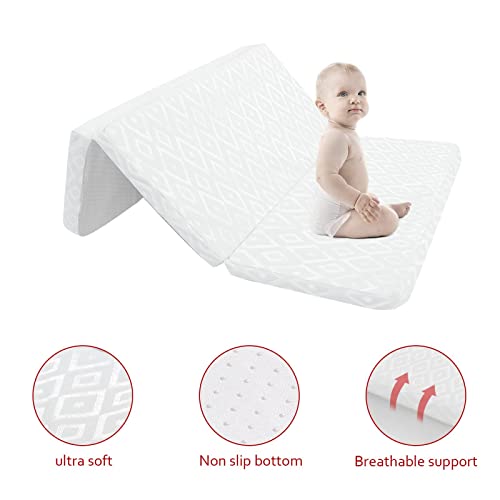 Pack n Play Trifold Mattress Topper, Pack and Play Mattress Foldable with Ultra Soft Jacquard Water-Resistant Playard Playpen Mattress Pad Cover, Mini Crib Mattress 37.5x26x2 Inch