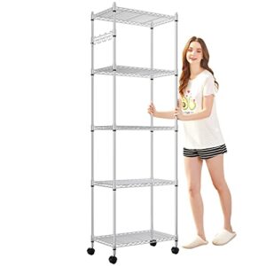 devo 5-tier shelf shelves for storage, wire shelving storage racks, heavy duty shelving, adjustable metal shelf for garage, pantry, kitchen, side hooks, silver(14" d x 24" w x 71" h)