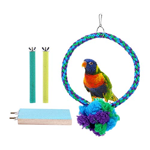 Mogoko 4 Pcs Bird Paw Grinding Perches Kit, Wooden Parrot Nail Grinding Stick and Rope Swing Toys for Parakeets Cockatiels, Conures, Macaws, Love Birds, Finches