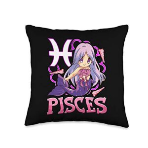 zodiac pisces gifts women girls mom kids sisters pisces chibi zodiac sign horoscope kawaii manga mermaid throw pillow, 16x16, multicolor