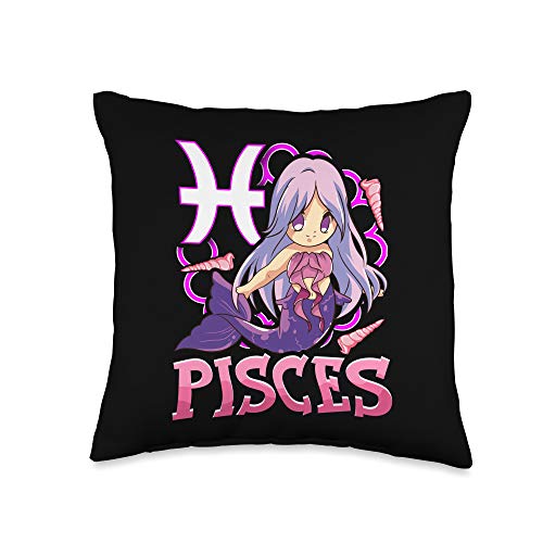 Zodiac Pisces Gifts Women Girls Mom Kids Sisters Pisces Chibi Zodiac Sign Horoscope Kawaii Manga Mermaid Throw Pillow, 16x16, Multicolor