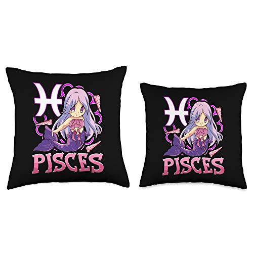 Zodiac Pisces Gifts Women Girls Mom Kids Sisters Pisces Chibi Zodiac Sign Horoscope Kawaii Manga Mermaid Throw Pillow, 16x16, Multicolor