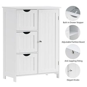 Reettic Bathroom Floor Cabinet, Wooden Freestanding Storage Cabinet, Side Storage Organizer with 1 Cupboard and 3 Drawers, Adjustable Shelf, 23.6" L x 11.8" W x 31.9" H, White BYSG101W