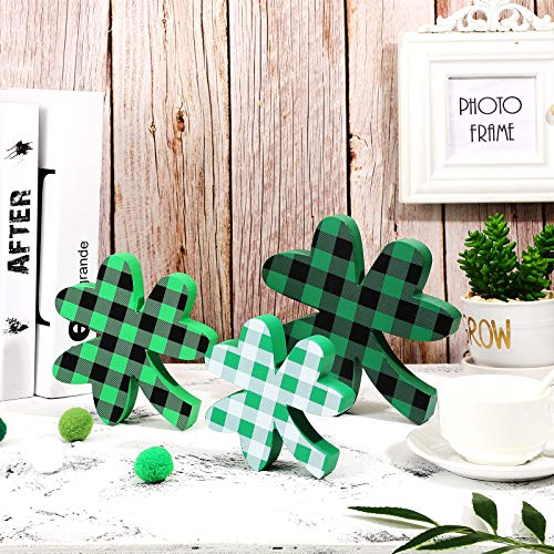 3 Pieces St. Patrick's Day Table Wooden Signs Shamrock Wooden Signs Irish Themed Freestanding Table Decorations for Desk Office Home Party Decoration (Plaid Style)