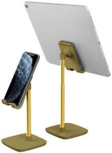 aduro elevate phone & tablet holder stand, adjustable height cell phone stand holder for desk compatible with iphone ipad galaxy all phones & tablets (gold)