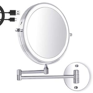 amelar 8 inch wall mounted makeup mirror usb rechargeable led 3 color lights two sided 1x/10x magnifying mirror touch switch intelligent shutdown 360° swivel vanity mirror for bathroom hotel(silver)