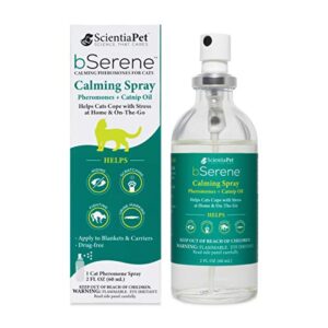 bserene pheromone + catnip calming solution for cats 60ml spray works fast to help reduce hiding, scratching, fighting, marking, stress, anxiety at-home or travel vet, thunder, fireworks (440223)
