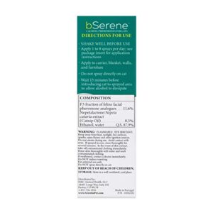 bSerene Pheromone + Catnip Calming Solution for Cats 60ml Spray Works Fast to Help Reduce Hiding, Scratching, Fighting, Marking, Stress, Anxiety at-Home or Travel Vet, Thunder, Fireworks (440223)