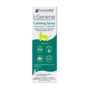 bSerene Pheromone + Catnip Calming Solution for Cats 60ml Spray Works Fast to Help Reduce Hiding, Scratching, Fighting, Marking, Stress, Anxiety at-Home or Travel Vet, Thunder, Fireworks (440223)