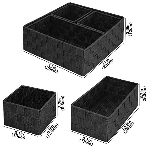 Woven Storage Box Cube Basket Drawer Organizer Divider Basket Box, Storage Tote Bins for Bathroom, Kitchen, Cabinet, Closet, Shelf, Dresser, Store Snacks, Cereal, Baking Supplies, Set of 4 (Black）