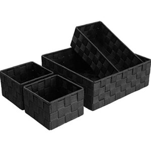 Woven Storage Box Cube Basket Drawer Organizer Divider Basket Box, Storage Tote Bins for Bathroom, Kitchen, Cabinet, Closet, Shelf, Dresser, Store Snacks, Cereal, Baking Supplies, Set of 4 (Black）