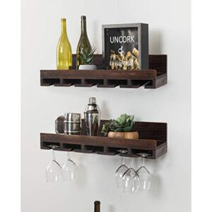 KIAYACI Wall-Mounted Wood Wine Rack 7 Bottles Wine Storage Rack 5 Long Stem Glass Holder Floating Wine Rack Brown 24 x 7.4 x 6 inches