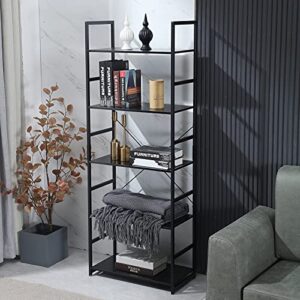 dawnyield 5 tier tall standing bookshelf metal and wood frame storage rack organizer classy bookcase modern industrial display shelf unit for bedroom living room study and home office black