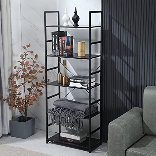 DAWNYIELD 5 Tier Tall Standing Bookshelf Metal and Wood Frame Storage Rack Organizer Classy Bookcase Modern Industrial Display Shelf Unit for Bedroom Living Room Study and Home Office Black