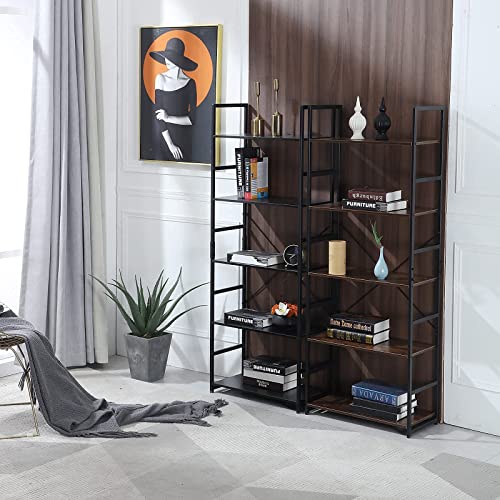 DAWNYIELD 5 Tier Tall Standing Bookshelf Metal and Wood Frame Storage Rack Organizer Classy Bookcase Modern Industrial Display Shelf Unit for Bedroom Living Room Study and Home Office Black