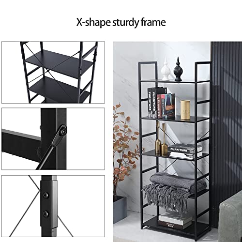 DAWNYIELD 5 Tier Tall Standing Bookshelf Metal and Wood Frame Storage Rack Organizer Classy Bookcase Modern Industrial Display Shelf Unit for Bedroom Living Room Study and Home Office Black