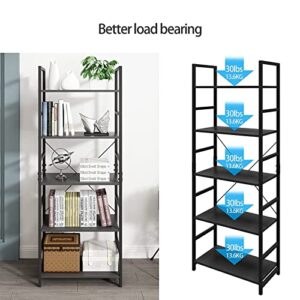 DAWNYIELD 5 Tier Tall Standing Bookshelf Metal and Wood Frame Storage Rack Organizer Classy Bookcase Modern Industrial Display Shelf Unit for Bedroom Living Room Study and Home Office Black