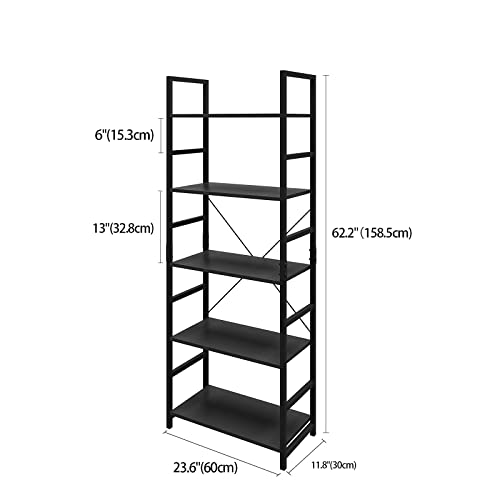 DAWNYIELD 5 Tier Tall Standing Bookshelf Metal and Wood Frame Storage Rack Organizer Classy Bookcase Modern Industrial Display Shelf Unit for Bedroom Living Room Study and Home Office Black