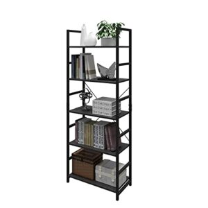 DAWNYIELD 5 Tier Tall Standing Bookshelf Metal and Wood Frame Storage Rack Organizer Classy Bookcase Modern Industrial Display Shelf Unit for Bedroom Living Room Study and Home Office Black